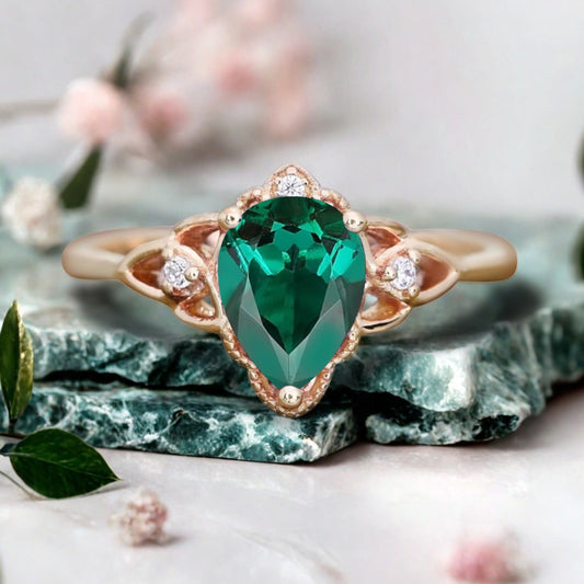 Emerald Vintage Pear Cut Flower Inspired Solid 10k Rose Gold Ring Moissanite Bridal Promise Flower Ring Unique Anniversary Gift
