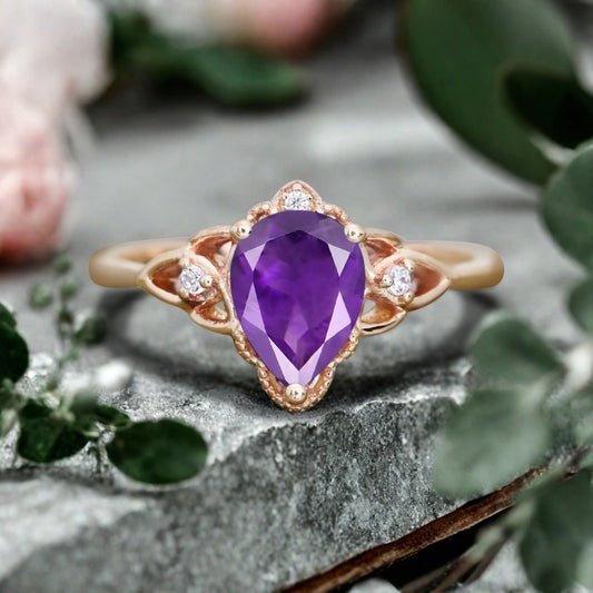 Amethyst Vintage Pear Cut Flower Inspired Solid 10k Rose Gold Ring Moissanite Bridal Promise Flower Ring Unique Anniversary Gift