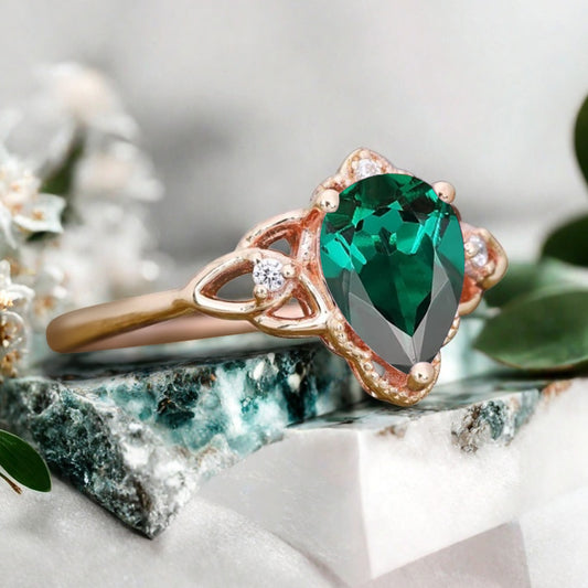 Emerald Vintage Pear Cut Flower Inspired Solid 10k Rose Gold Ring Moissanite Bridal Promise Flower Ring Unique Anniversary Gift
