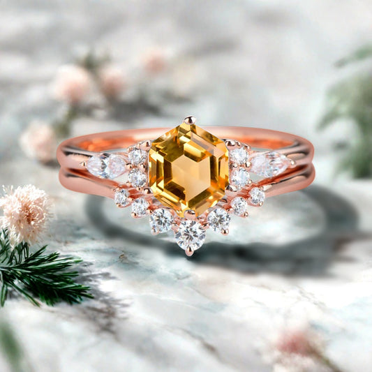 Vintage Hexagon Cut Citrine Engagement Ring Set 14k Rose Gold Bridal Ring Set Unique Yellow Citrine Wedding Ring Set Women Anniversary Gift