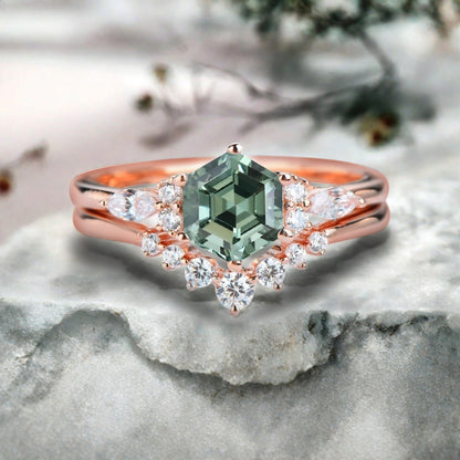 Vintage Hexagon Cut Tsavorite Engagement Ring Set 14k Rose Gold Bridal Ring Set Unique Green Tsavorite Wedding Ring Set Women Anniversary Gift