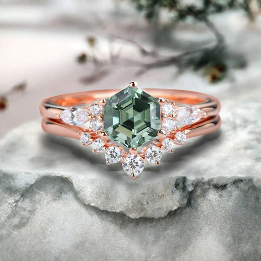 Vintage Hexagon Cut Tsavorite Engagement Ring Set 14k Rose Gold Bridal Ring Set Unique Green Tsavorite Wedding Ring Set Women Anniversary Gift