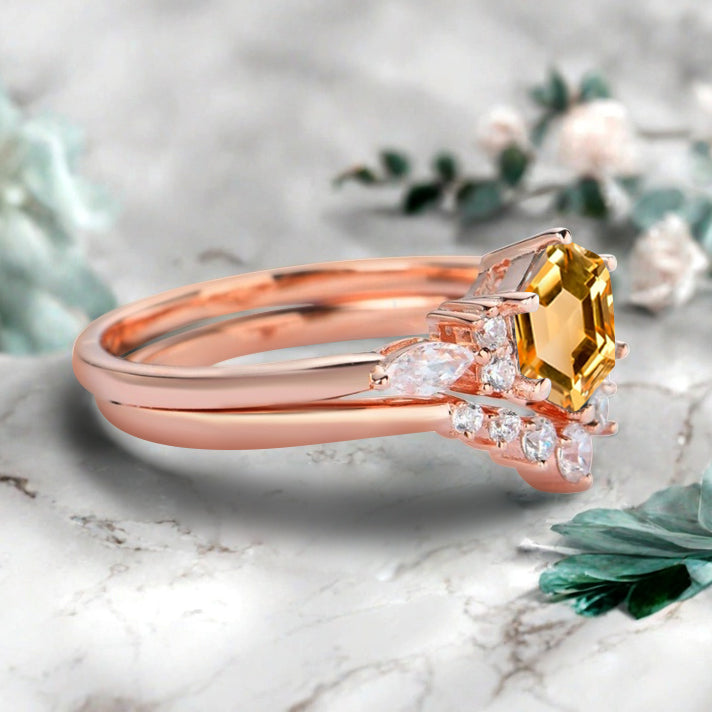 Vintage Hexagon Cut Citrine Engagement Ring Set 14k Rose Gold Bridal Ring Set Unique Yellow Citrine Wedding Ring Set Women Anniversary Gift
