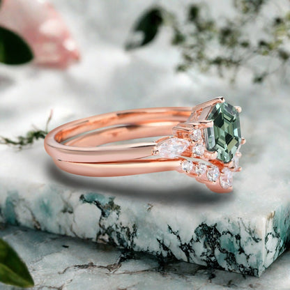 Vintage Hexagon Cut Tsavorite Engagement Ring Set 14k Rose Gold Bridal Ring Set Unique Green Tsavorite Wedding Ring Set Women Anniversary Gift