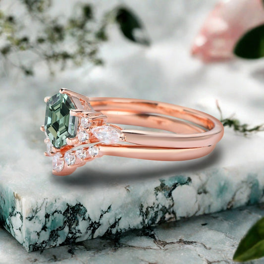 Vintage Hexagon Cut Tsavorite Engagement Ring Set 14k Rose Gold Bridal Ring Set Unique Green Tsavorite Wedding Ring Set Women Anniversary Gift