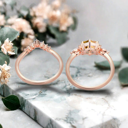 Vintage Hexagon Cut Citrine Engagement Ring Set 14k Rose Gold Bridal Ring Set Unique Yellow Citrine Wedding Ring Set Women Anniversary Gift