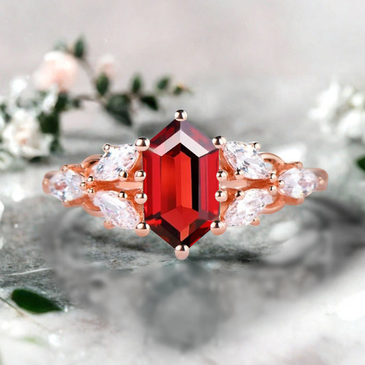 Hexagon Cut Ruby Engagement Ring Set Vintage Unique 14k Rose Gold Red Ruby Ring For Women Unique Bridal Wedding Ring Set Anniversary Gift