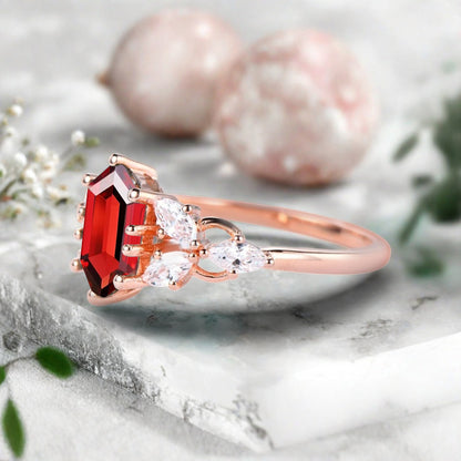 Hexagon Cut Ruby Engagement Ring Set Vintage Unique 14k Rose Gold Red Ruby Ring For Women Unique Bridal Wedding Ring Set Anniversary Gift