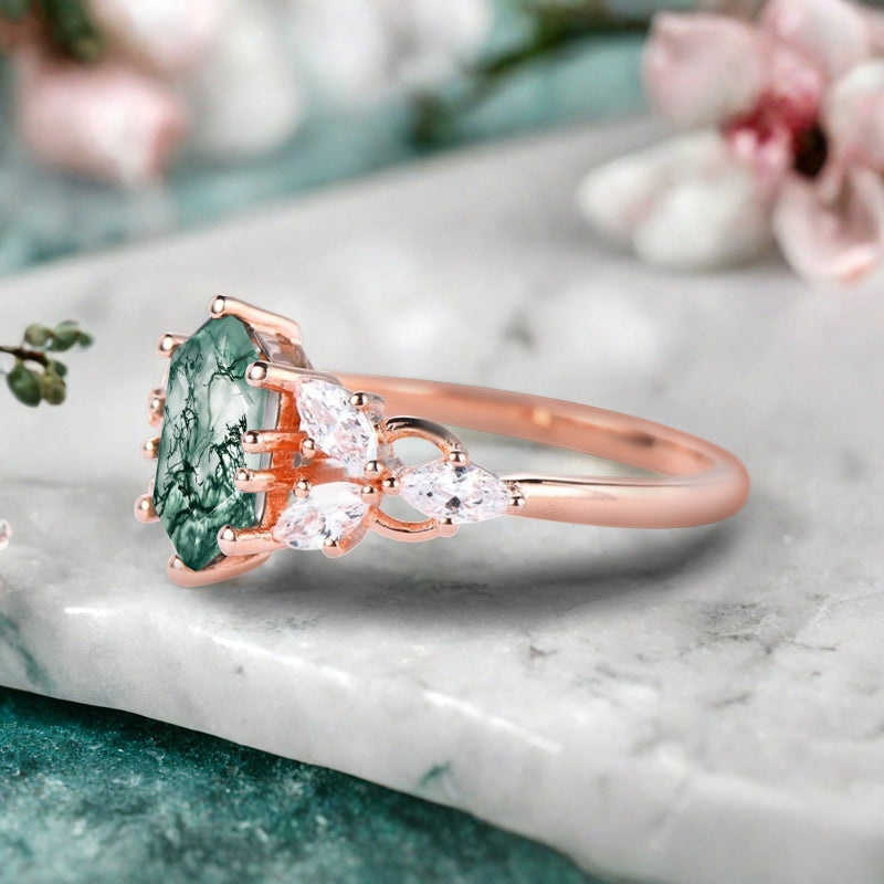 Hexagon Cut Moss Agate Engagement Ring Set Vintage Unique 14k Rose Gold Green-White Moss Agate Ring For Women Unique Bridal Wedding Ring Set Anniversary Gift