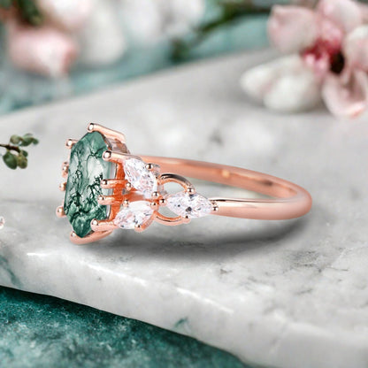 Hexagon Cut Moss Agate Engagement Ring Set Vintage Unique 14k Rose Gold Green-White Moss Agate Ring For Women Unique Bridal Wedding Ring Set Anniversary Gift