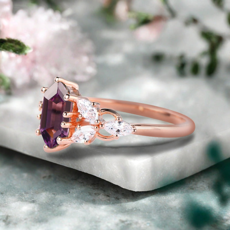 Hexagon Cut Amethyst Engagement Ring Set Vintage Unique 14k Rose Gold Purple Amethyst Ring For Women Unique Bridal Wedding Ring Set Anniversary Gift