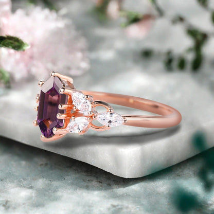 Hexagon Cut Amethyst Engagement Ring Set Vintage Unique 14k Rose Gold Purple Amethyst Ring For Women Unique Bridal Wedding Ring Set Anniversary Gift
