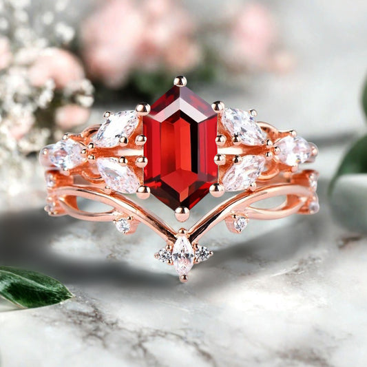 Hexagon Cut Ruby Engagement Ring Set Vintage Unique 14k Rose Gold Red Ruby Ring For Women Unique Bridal Wedding Ring Set Anniversary Gift