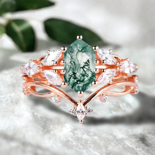 Hexagon Cut Moss Agate Engagement Ring Set Vintage Unique 14k Rose Gold Green-White Moss Agate Ring For Women Unique Bridal Wedding Ring Set Anniversary Gift