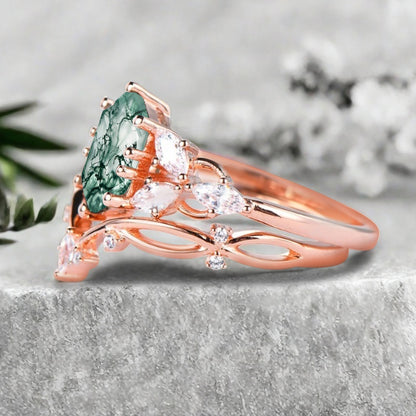 Hexagon Cut Moss Agate Engagement Ring Set Vintage Unique 14k Rose Gold Green-White Moss Agate Ring For Women Unique Bridal Wedding Ring Set Anniversary Gift