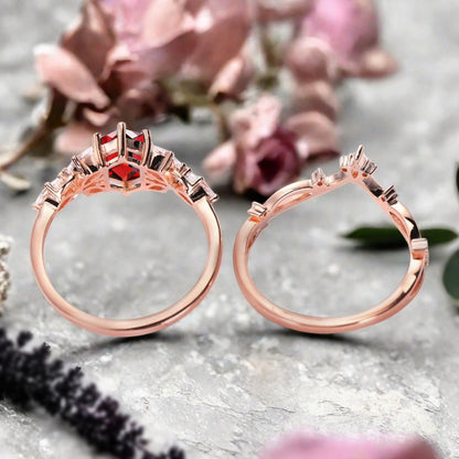 Hexagon Cut Ruby Engagement Ring Set Vintage Unique 14k Rose Gold Red Ruby Ring For Women Unique Bridal Wedding Ring Set Anniversary Gift