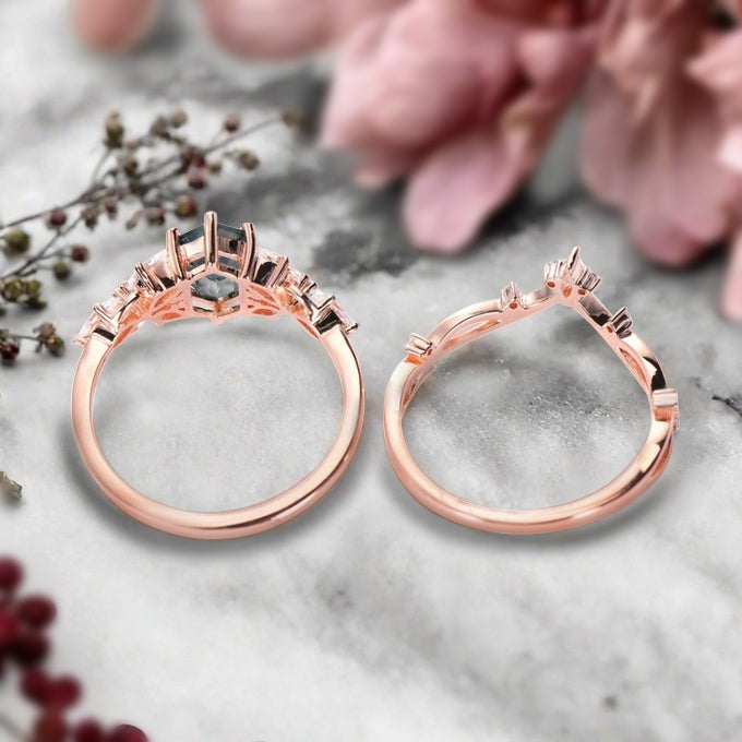 Hexagon Cut Moss Agate Engagement Ring Set Vintage Unique 14k Rose Gold Green-White Moss Agate Ring For Women Unique Bridal Wedding Ring Set Anniversary Gift