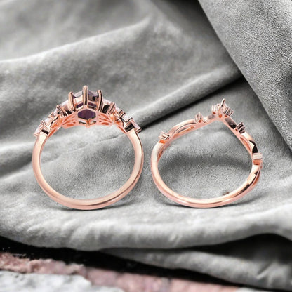 Hexagon Cut Amethyst Engagement Ring Set Vintage Unique 14k Rose Gold Purple Amethyst Ring For Women Unique Bridal Wedding Ring Set Anniversary Gift