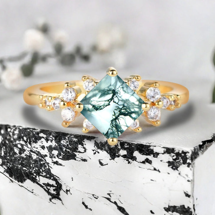 Vintage Princess Cut Ring, Moss Agate Engagement Ring, Sterling Silver Ring, Handmade 18K Gold Art Deco Promise Ring Ver.2