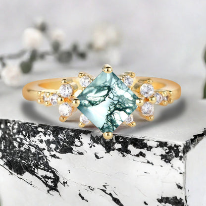 Vintage Princess Cut Ring, Moss Agate Engagement Ring, Sterling Silver Ring, Handmade 18K Gold Art Deco Promise Ring Ver.2