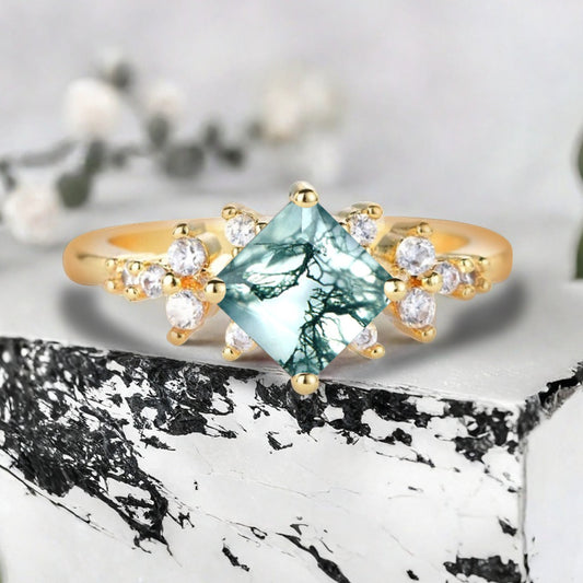Vintage Princess Cut Ring, Moss Agate Engagement Ring, Sterling Silver Ring, Handmade 18K Gold Art Deco Promise Ring Ver.2