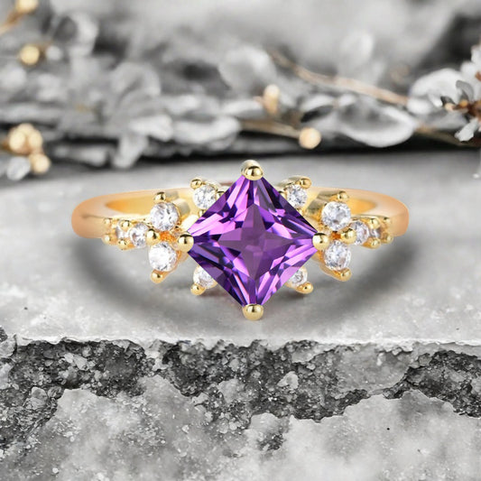 Vintage Princess Cut Ring, Amethyst Engagement Ring, September Birthstone Sterling Silver Ring, Handmade 18K Gold Art Deco Promise Ring Ver.2