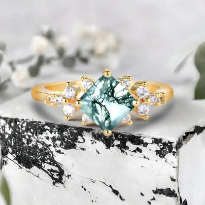 Vintage Princess Cut Ring, Moss Agate Engagement Ring, Sterling Silver Ring, Handmade 18K Gold Art Deco Promise Ring Ver.2