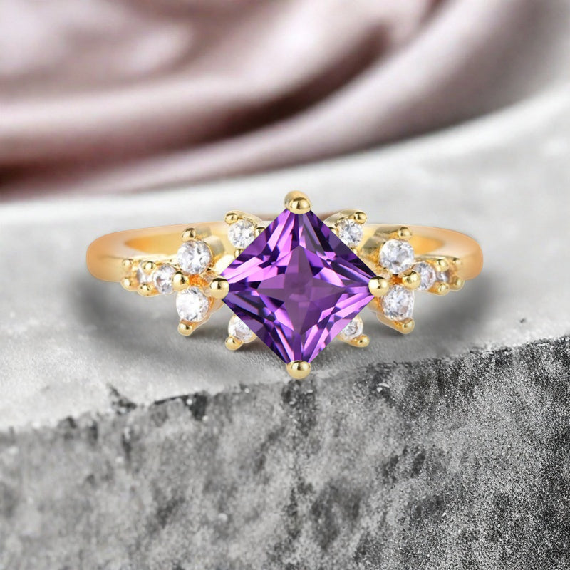 Vintage Princess Cut Ring, Amethyst Engagement Ring, September Birthstone Sterling Silver Ring, Handmade 18K Gold Art Deco Promise Ring Ver.2