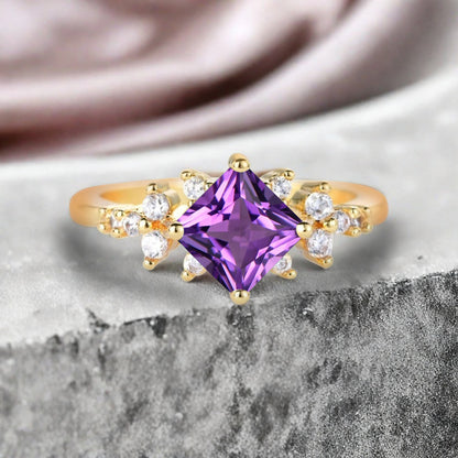Vintage Princess Cut Ring, Amethyst Engagement Ring, September Birthstone Sterling Silver Ring, Handmade 18K Gold Art Deco Promise Ring Ver.2