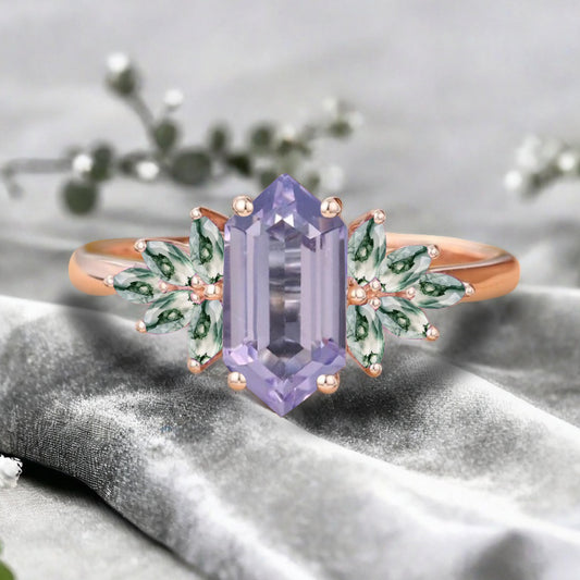 Vintage Hexagon Cut Amethyst Engagement Ring Moss Agate Wedding Ring Art Deco Rose Gold Dainty Bridal Ring Anniversary Ring