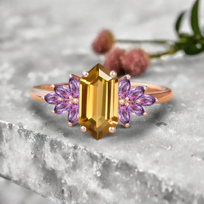 Vintage Hexagon Cut Citrine Engagement Ring Amethyst Wedding Ring Art Deco Rose Gold Dainty Bridal Ring Anniversary Ring