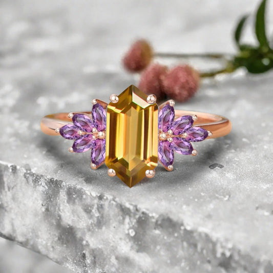 Vintage Hexagon Cut Citrine Engagement Ring Amethyst Wedding Ring Art Deco Rose Gold Dainty Bridal Ring Anniversary Ring