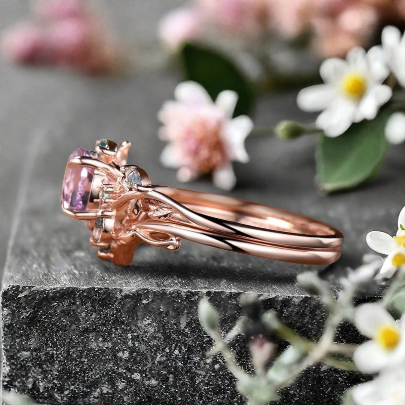 Bague de fiançailles vintage ovale en pierre de lune, bague de promesse unique en opale et moissanite
