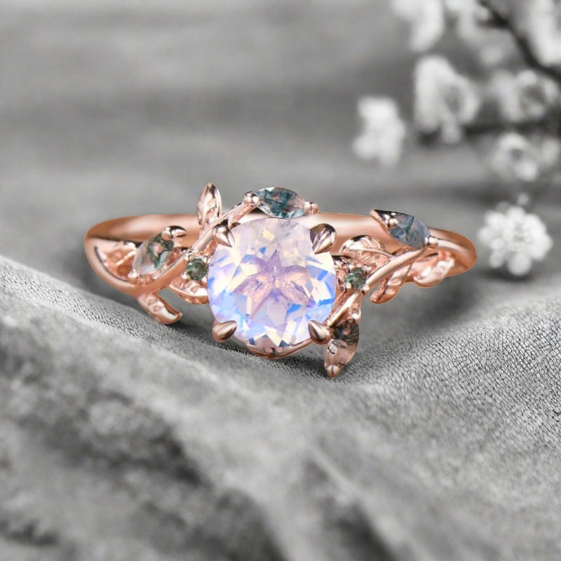 Vintage Oval Mondstein Verlobungsring Unikat Opal Moissanit Versprechensring