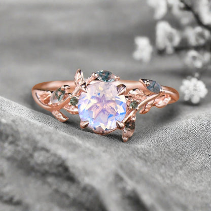 Vintage Oval Mondstein Verlobungsring Unikat Opal Moissanit Versprechensring