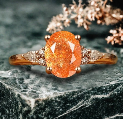 Unique Vintage Sunstone Engagement Ring 14K Rose Gold Oval Cut Natural Moissanite Wedding Promise Ring Handmade Ring Anniversary Rings For Women
