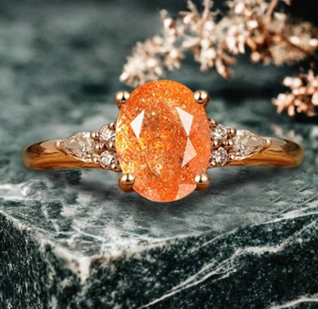 Unique Vintage Sunstone Engagement Ring 14K Rose Gold Oval Cut Natural Moissanite Wedding Promise Ring Handmade Ring Anniversary Rings For Women