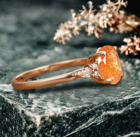 Unique Vintage Sunstone Engagement Ring 14K Rose Gold Oval Cut Natural Moissanite Wedding Promise Ring Handmade Ring Anniversary Rings For Women