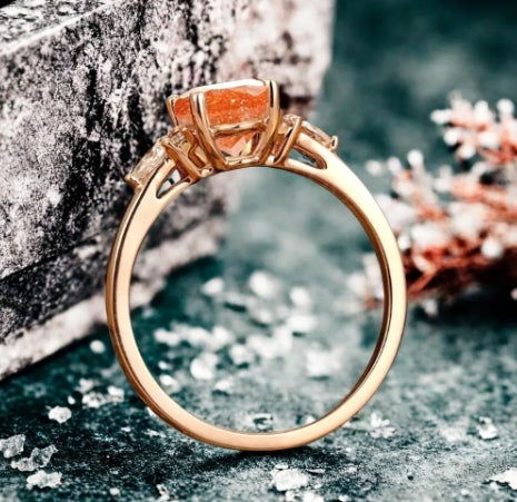 Unique Vintage Sunstone Engagement Ring 14K Rose Gold Oval Cut Natural Moissanite Wedding Promise Ring Handmade Ring Anniversary Rings For Women