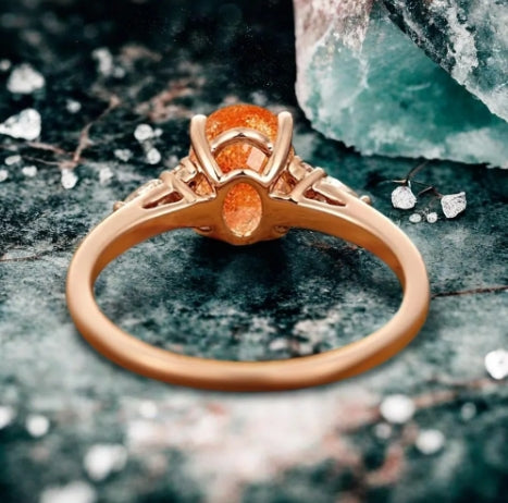 Unique Vintage Sunstone Engagement Ring 14K Rose Gold Oval Cut Natural Moissanite Wedding Promise Ring Handmade Ring Anniversary Rings For Women