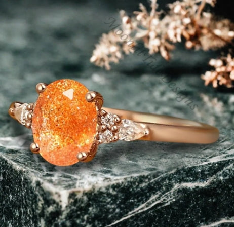 Unique Vintage Sunstone Engagement Ring 14K Rose Gold Oval Cut Natural Moissanite Wedding Promise Ring Handmade Ring Anniversary Rings For Women