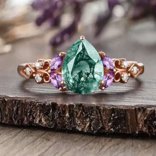 Vintage Pear Moss Agate Engagement Ring Unique Amethyst Sidestones Pear Shape Gemstone Promise Ring Ver.2