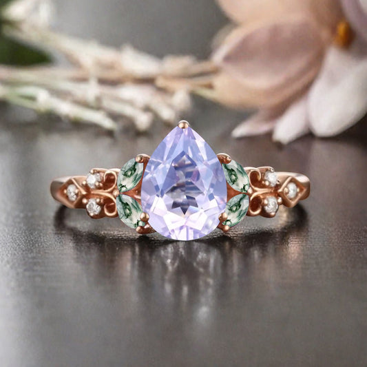 Vintage Pear Amethyst Engagement Ring Unique Moss Agate Sidestones Pear Shape Gemstone Promise Ring Ver.2
