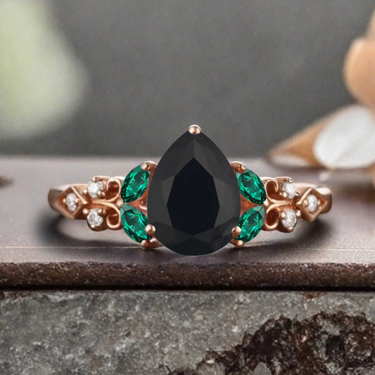 Vintage Pear Black Onyx Engagement Ring Unique Emerald Sidestones Pear Shape Gemstone Promise Ring Ver.2