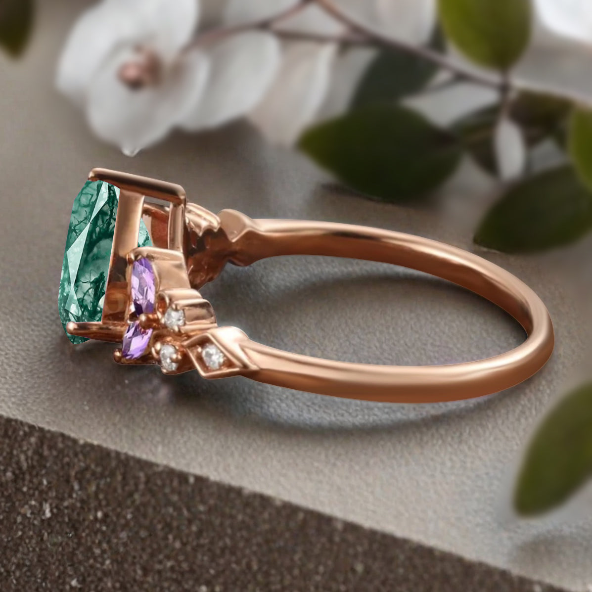 Vintage Pear Moss Agate Engagement Ring Unique Amethyst Sidestones Pear Shape Gemstone Promise Ring Ver.2