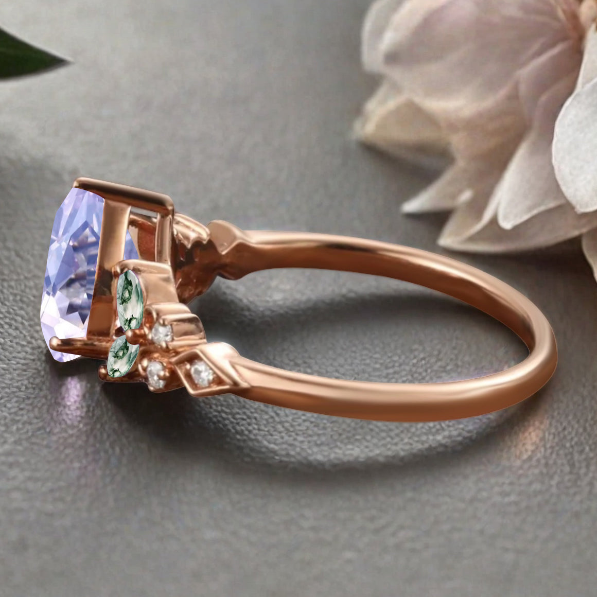 Vintage Pear Amethyst Engagement Ring Unique Moss Agate Sidestones Pear Shape Gemstone Promise Ring Ver.2