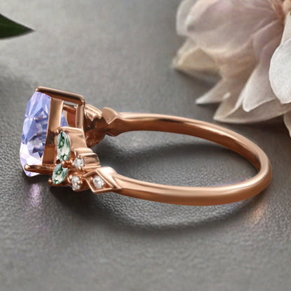 Vintage Pear Amethyst Engagement Ring Unique Moss Agate Sidestones Pear Shape Gemstone Promise Ring Ver.2