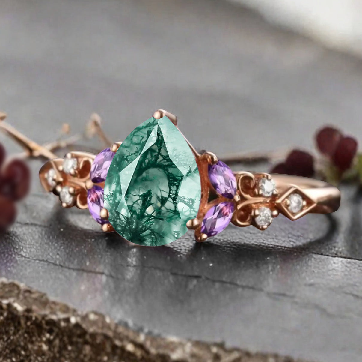 Vintage Pear Moss Agate Engagement Ring Unique Amethyst Sidestones Pear Shape Gemstone Promise Ring Ver.2