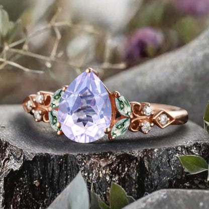 Vintage Pear Amethyst Engagement Ring Unique Moss Agate Sidestones Pear Shape Gemstone Promise Ring Ver.2
