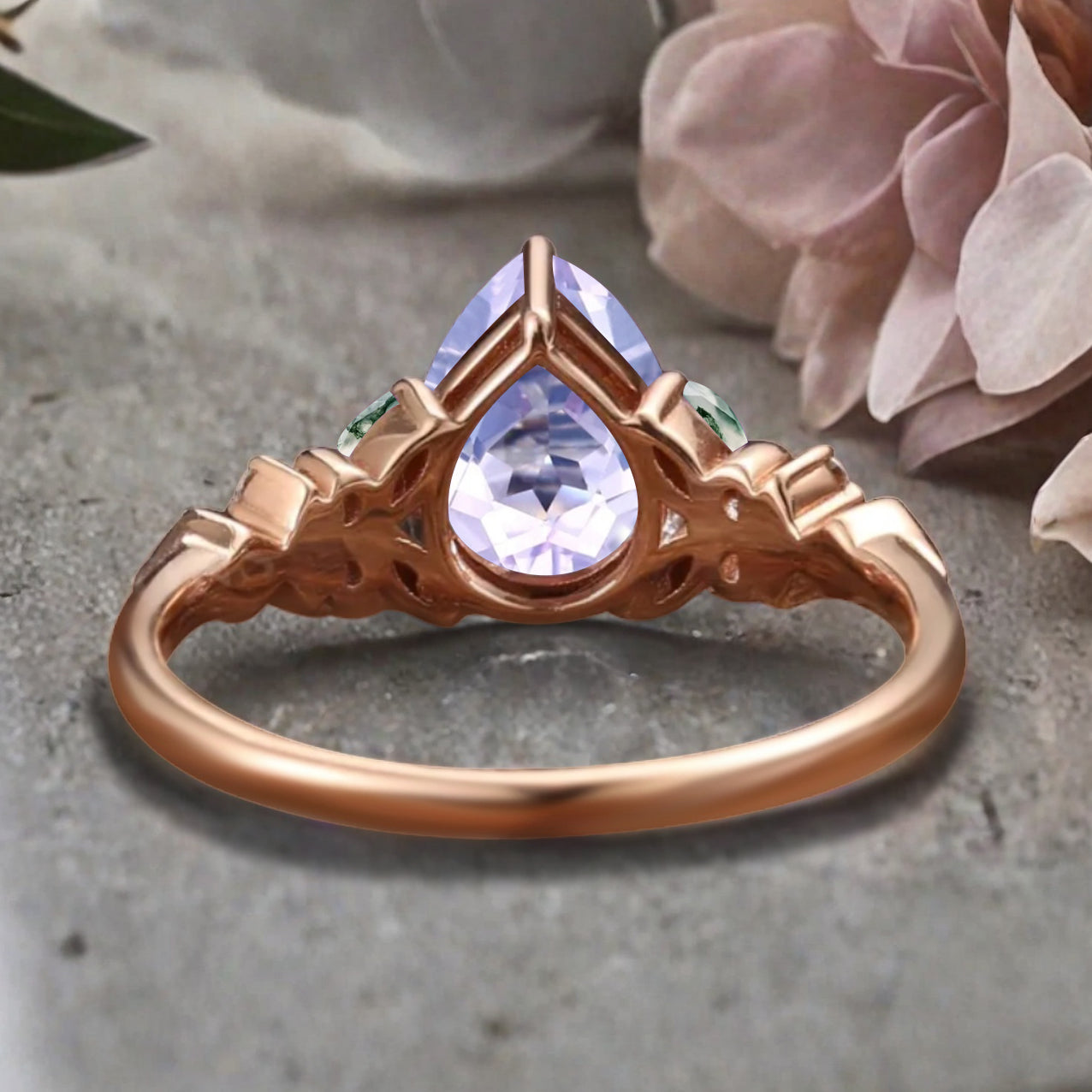 Vintage Pear Amethyst Engagement Ring Unique Moss Agate Sidestones Pear Shape Gemstone Promise Ring Ver.2